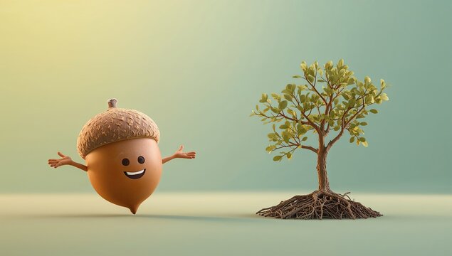 Cheerful Acorn Character Standing Next to Growing Tree in Nature Scene