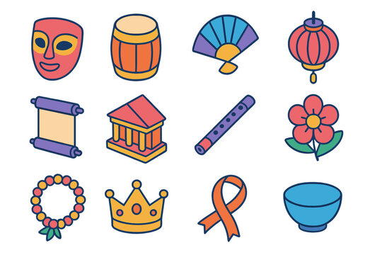 Vibrant Cultural Icons. Cultural Symbols flat icons set. mask, drum, fan, lantern, scroll, temple, flute, flower, garland, crown, ribbon, bowl.