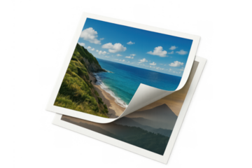 Layered memories with changing landscapes artwork, revealing a beach and ocean view under a clear sky turning into a misty mountain scene