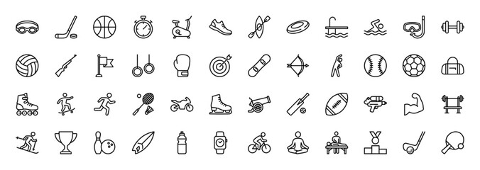 Sports and physical activity outline icon set. Vector pictograms of hockey, basketball, golf, swimming, and boxing, thin linear illustration.