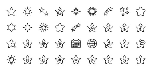 Fototapeta premium Achievement and rating outline icon set. Vector pictograms of stars with various decorations, calendar, bulb, globe, and musical notes, thin linear illustration.