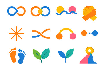 Unified Connection Icons. Unified Connection flat icon set: intertwined lines, shared glow, linked circles, harmony wave, mutual support hands, warm spark, shared path, gentle arc