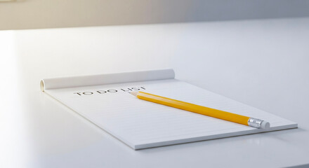 Yellow pencil placed on a notepad with to-do list on white background  