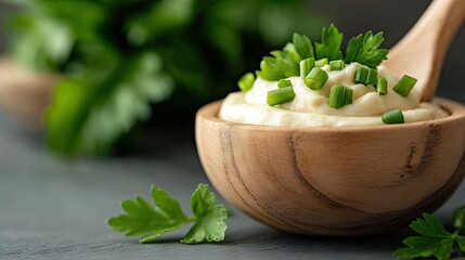 Close-up of mashed potatoes in a wooden bowl, garnished with fresh herbs, with a wooden spoon, on a dark surface.