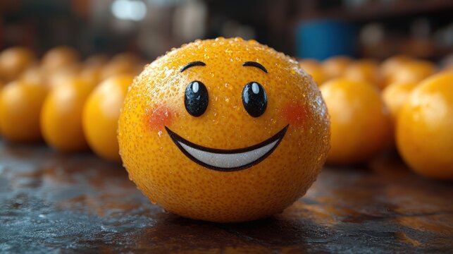 A vibrant orange fruit with a smiling face, perfect for decorative food displays, graphic design, or illustrations.  Suitable for branding, packaging, and creative projects.