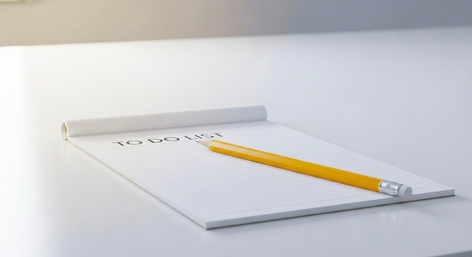 Yellow pencil placed on a notepad with to-do list on white background
