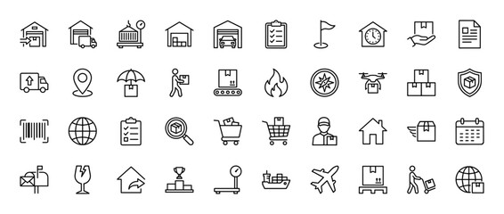 Logistics and delivery line icon set. Vector pictograms of warehouse, shipping, tracking, and transportation, thin linear illustration.