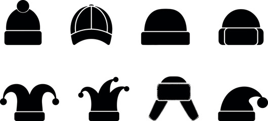 winter hat and beanie silhouette icon set featuring various warm headwear shapes including caps, knitted hats and seasonal accessories for cold weather designs