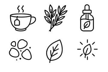 Plant-Based Wellness Icons. Plant-Based Wellness Set linear icon set: tea infusion cup, aromatic herbs, botanical oil, dried petals, soothing leaf, nature glow