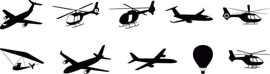 aircraft and helicopter silhouette icon set showing multiple airplane and chopper shapes for aviation themed designs, travel graphics and transportation illustrations