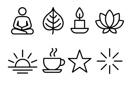 Bodhi Day Icons. Bodhi Day Mindfulness Moment linear icon set. meditation pose, Bodhi leaf, candle flame, lotus flower, sunrise, cup of tea, star, light ray - Powered by Adobe