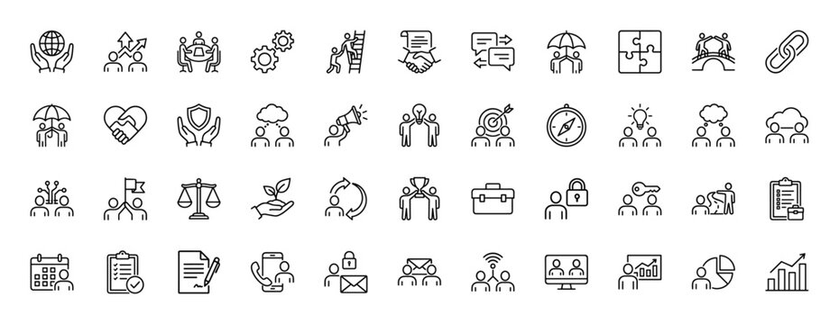Business and teamwork line icon set. Vector pictograms of handshake, meeting, strategy, gear, target, partnership, success, office, leadership, thin linear illustration.