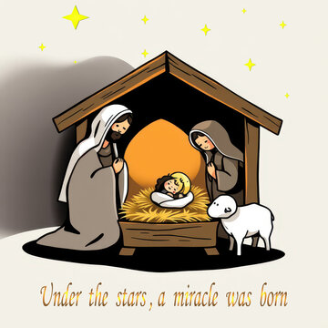 AI-generated nativity scene with added stars and text "Under the stars, a miracle was born"; Mary, Joseph, newborn Jesus, sheep in a wooden stable, Christmas artwork.