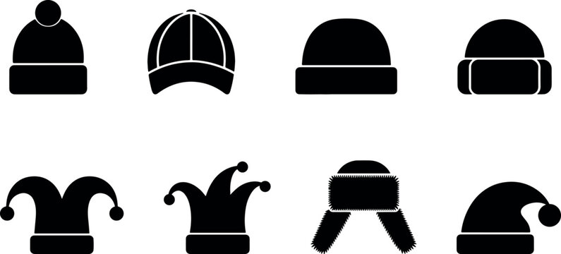 winter hat and beanie silhouette icon set featuring various warm headwear shapes including caps, knitted hats and seasonal accessories for cold weather designs