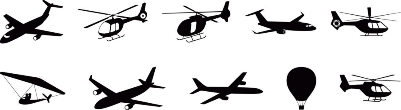 aircraft and helicopter silhouette icon set showing multiple airplane and chopper shapes for aviation themed designs, travel graphics and transportation illustrations