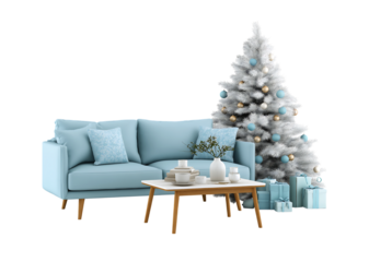 Minimalist Christmas Living Room Setup with Light Blue Sofa and White Festive Tree on a transparent background