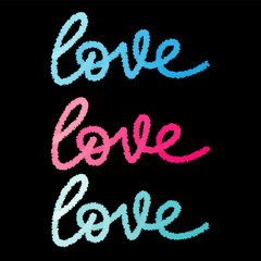 Three fuzzy handwritten 'love' words in vibrant gradient colors Vector