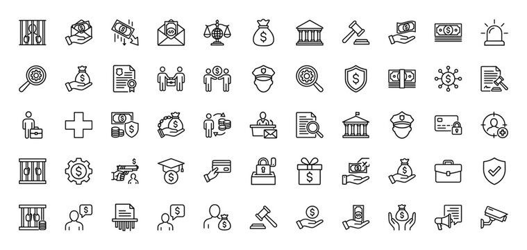 Law and finance line icon set. Vector pictograms of justice, money bag, handcuffs, document, and gavel, thin linear illustration.