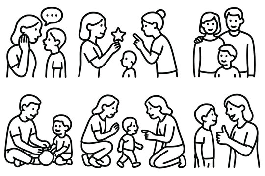 Effective Parenting Icons. Parenting strategies actions linear icon set: active listening, positive reinforcement, setting boundaries, teamwork moment, shared play, calm