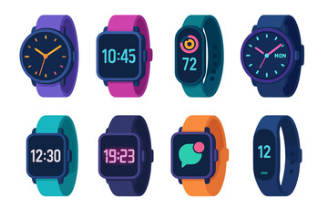 Modern Smartwatch Icons. Modern Smartwatch Styles flat icons set. round smartwatch, square smartwatch, fitness tracker, hybrid analog-digital watch, minimalist digital clock, neon