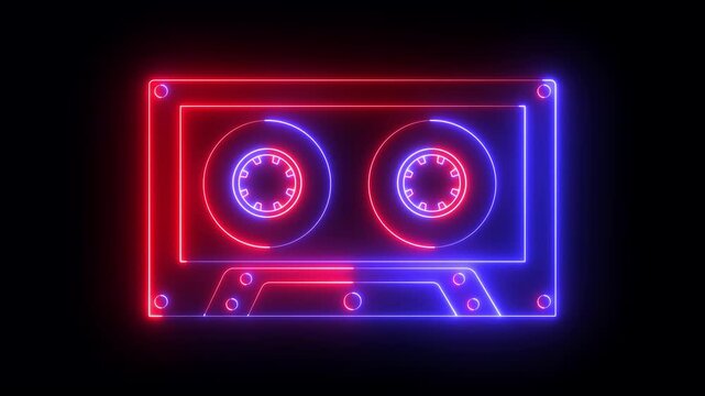 Glowing neon audio cassette icon animation on black background. Cassette Stereo Recorder icon. Retro Neon Music Cassette. Cassette tape recorder with spinning from For music, DJ, entertainment.
