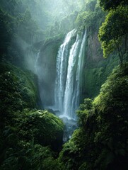 Majestic Waterfall Cascading Through Lush Green Forest, Misty Atmosphere.