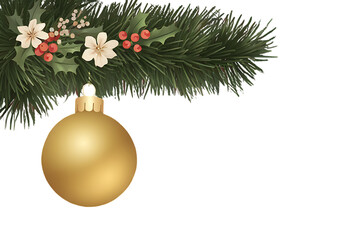 A festive image showcases a golden ornament hanging from a lush green Christmas tree branch adorned with delicate white flowers and vibrant red berries, creating a joyful holiday scene.