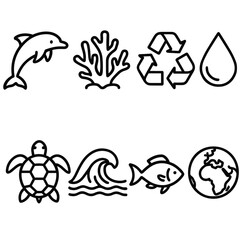 Ocean Conservation Icons. Ocean Conservation linear icon set. dolphin, coral reef, recycling symbol, water droplet, sea turtle, wave, fish, globe