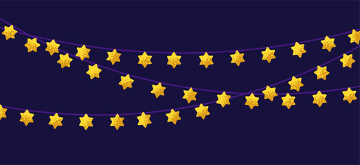Fototapeta premium Festive David stars, Jewish light garland, banner background. Hanging golden starry decoration, ornament on string, decor for Jew holidays, Hanukkah, Shabbat celebration. Flat vector illustration