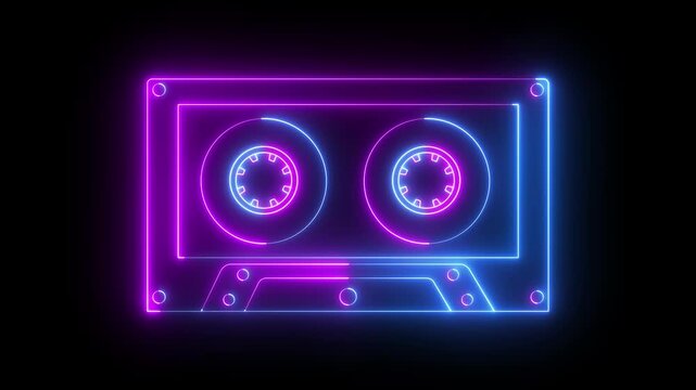 Glowing neon audio cassette icon animation on black background. Cassette Stereo Recorder icon. Retro Neon Music Cassette. Cassette tape recorder with spinning from For music, DJ, entertainment.