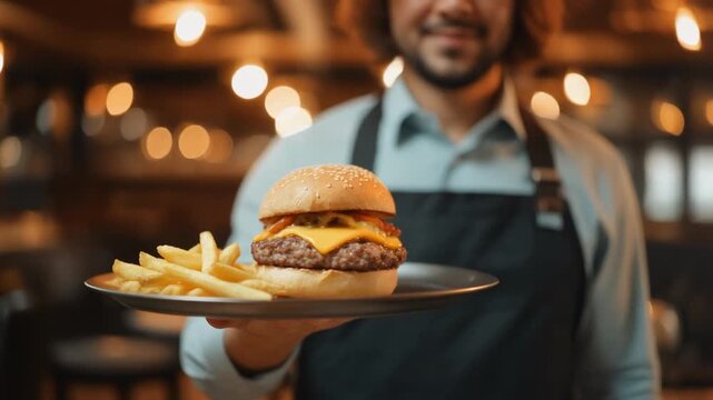 A smiling waiter presenting a juicy cheeseburger with crispy fries on a plate in a warm, inviting restaurant setting.