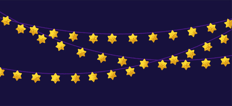 Fototapeta Festive David stars, Jewish light garland, banner background. Hanging golden starry decoration, ornament on string, decor for Jew holidays, Hanukkah, Shabbat celebration. Flat vector illustration
