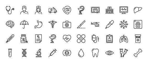 Medical healthcare line icon set. Vector pictograms of stethoscope, ambulance, hospital, brain, microscope, and syringe, thin linear illustration.