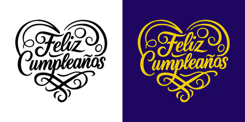 Mensaje Feliz Cumplea&ntilde;os en espa&ntilde;ol con silueta de coraz&oacute;n con florituras de adorno para felicitaciones y tarjetas