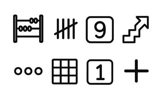 Counting Icon Collection. Counting items linear icon set: abacus bead, tally marks, counter wheel, step arrow, sequence dots, grid block, numeric tile, increment symbol