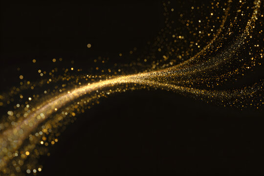 Golden glowing particles in motion on a dark background creating a shimmering wave effect, particle wave overlay ideal for refined design projects, web graphics