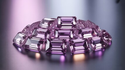 Cluster of sparkling emerald cut pink gemstones on a reflective surface