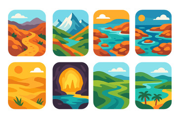 Naklejka premium Vibrant Discovery Landscapes. Discovery Landscapes flat icon set: rugged trail, alpine pass, tidal pool, windswept dunes, luminous cave, rolling hills, river delta, tropical inlet