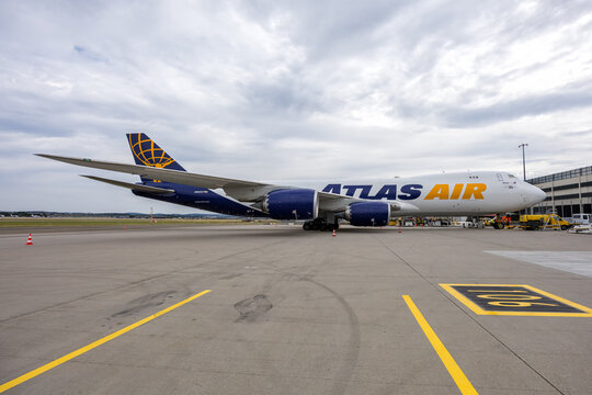Atlas Air Boeing 747-8F airplane at Stuttgart airport in Germany