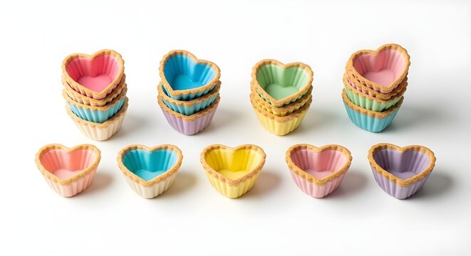 Colorful stacked heart-shaped pastry shells for desserts, baking, Valentine's Day, and celebrations. isolated on White Background - Powered by Adobe