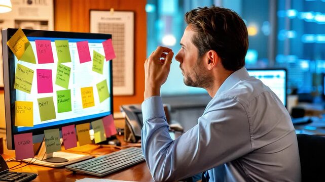 Focused man in office struggles with stress while reviewing sticky notes on computer screen, camera pans to capture emotional intensity and workspace details