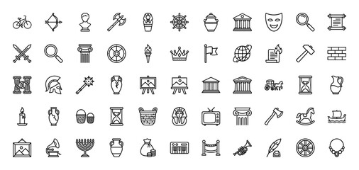 History and culture line icon set. Vector pictograms of museum, hourglass, column, vase, and crown, thin linear illustration.