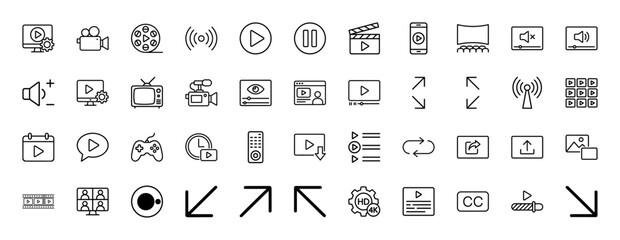 Video and multimedia line icon set. Vector pictograms of film reel, camera, clapperboard, play button, tv, volume and game controller, thin linear illustration.