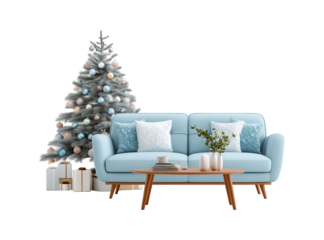 Modern Light Blue Sofa and Decorated Christmas Tree on a transparent background