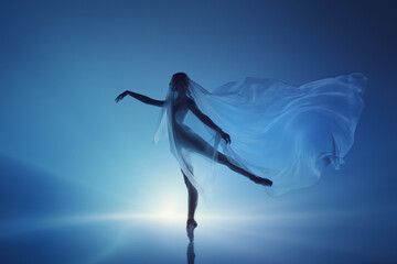 Ballet silhouette with long blue veil on bright blue light horizon. Concept of poster design,...