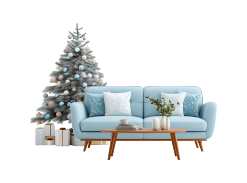 Modern Light Blue Sofa and Decorated Christmas Tree on a transparent background