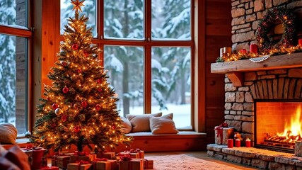 Cozy living room adorned with a beautifully lit Christmas tree and a crackling fireplace, capturing the warmth of the holiday season with a gradual zoom in