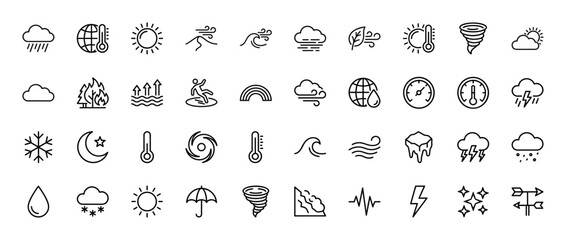Fototapeta premium Weather forecast line icon set. Vector pictograms of sun, rain, cloud, snow, wind, tornado, thermometer, lightning, moon and umbrella, thin linear illustration.