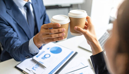 Strategy teamwork collaboration planning solution meeting goal success innovation brainstorming colleagues toast with coffee during planning meeting to celebrate goal achievement and brainstorm