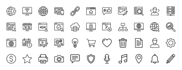 Web and technology line icon set. Vector pictograms of networking, e-commerce, settings, finance, and security, thin linear illustration.
